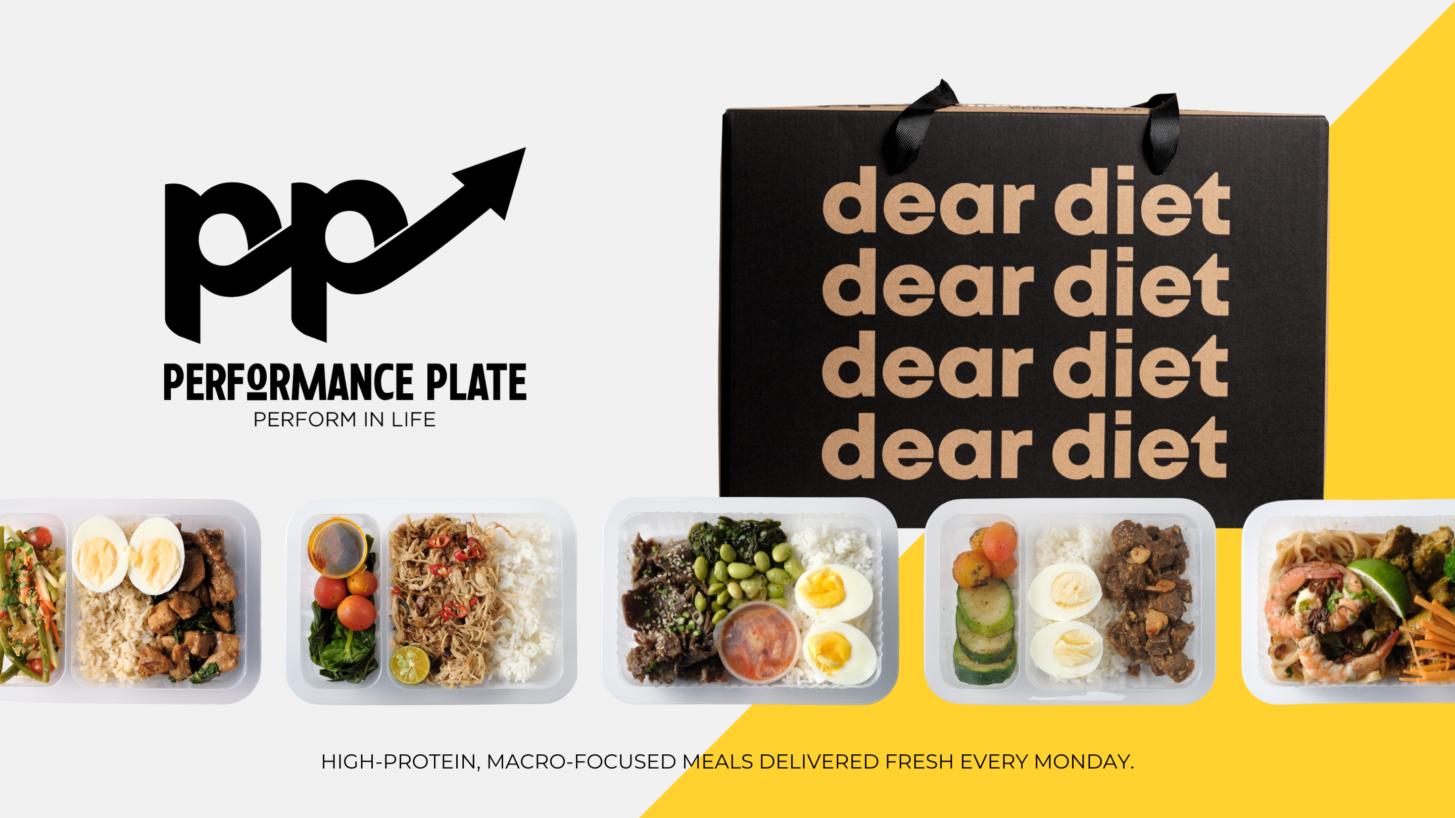 Performance Plate meal delivery service with pre-portioned meals and branded packaging.