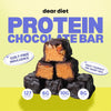 A promotional image of a Protein Chocolate Bar by Dear Diet, displaying the bar with its ingredients and nutritional information such as low calories, high protein, healthy fats, and no artificial preservatives.