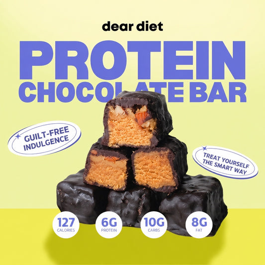 A promotional image of a Protein Chocolate Bar by Dear Diet, displaying the bar with its ingredients and nutritional information such as low calories, high protein, healthy fats, and no artificial preservatives.